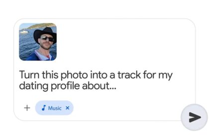 A close-up of a smartphone screen displaying the Gemini interface generating a vibrant music waveform with colorful artistic overlays.