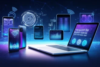 A content creator in a Jakarta studio using holographic AI interfaces to edit immersive 3D video content for the Southeast Asian market.