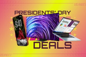 A consumer browsing discounted Meta Oakley smart glasses and high-end OLED TVs during a Presidents' Day retail event in a modern electronics store.