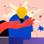 A modern digital creator using a minimalist glass tablet to refine AI-generated architectural sketches in a collaborative coworking studio environment.