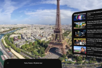 A person walking through a sunny park wearing sleek augmented reality glasses, interacting with a floating holographic interface of an AI assistant.