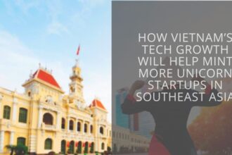 A bustling co-working space in Jakarta's Sudirman Central Business District where entrepreneurs are collaborating on AI-driven financial solutions.