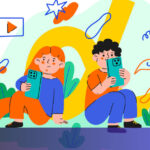 A teenager looking at a glowing smartphone screen behind a digital fence.