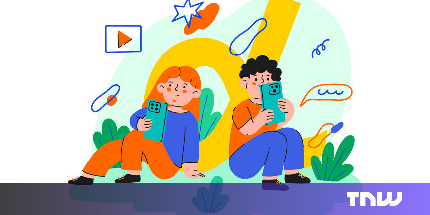 A teenager looking at a glowing smartphone screen behind a digital fence.