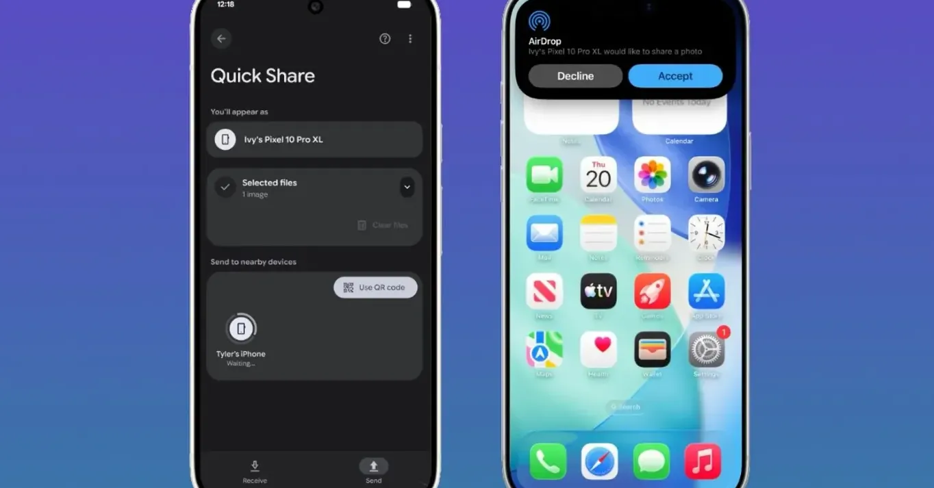 Young woman holding a Google Pixel 9 transferring high-resolution group photos to a friend's iPhone via Quick Share