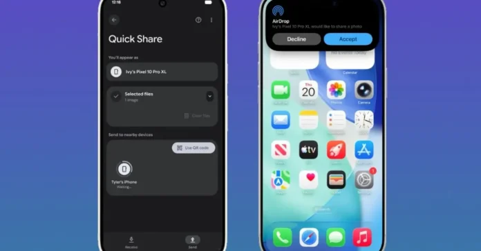 Two hands holding a Google Pixel 9 and an iPhone exchanging a photo file wirelessly over Quick Share