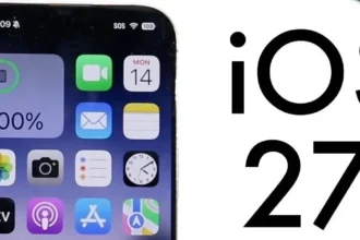 A close-up of an iPhone 18 prototype displaying the minimalist iOS 27 interface with a focus on fluid system animations and performance metrics.