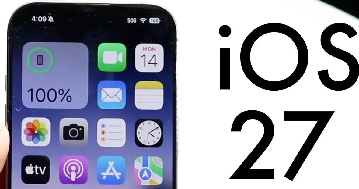 A close-up of an iPhone 18 prototype displaying the minimalist iOS 27 interface with a focus on fluid system animations and performance metrics.