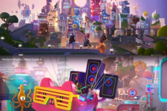 Detailed 3D rendering of a smartphone displaying the Horizon Worlds interface next to a discarded VR headset on a modern desk, illustrating the platform's mobile pivot.