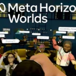 A person using a smartphone to navigate a 3D virtual environment in Horizon Worlds while a VR headset sits unused on a nearby wooden table.