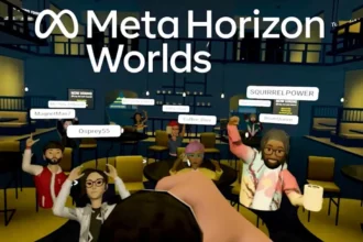 A person using a smartphone to navigate a 3D virtual environment in Horizon Worlds while a VR headset sits unused on a nearby wooden table.