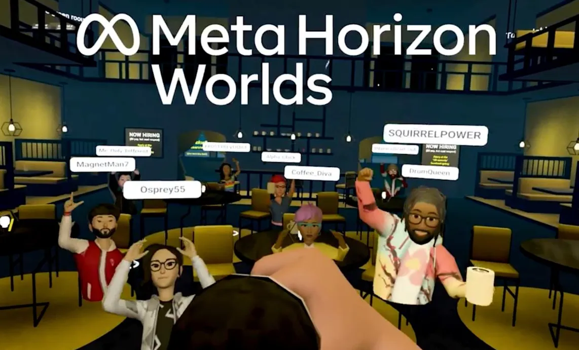 A person using a smartphone to navigate a 3D virtual environment in Horizon Worlds while a VR headset sits unused on a nearby wooden table.