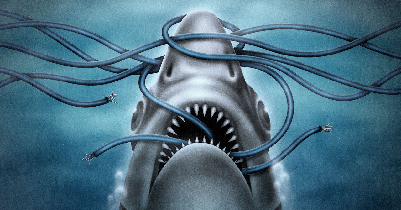 Industrial ship crew hauling thick fiber-optic subsea cables from the ocean floor during night recycling operations