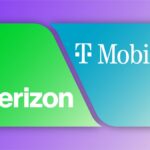 A side-by-side comparison of T-Mobile and Verizon 5G signal strength indicators on modern smartphones in a busy urban environment.