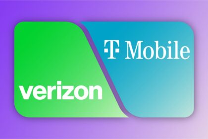 A side-by-side comparison of T-Mobile and Verizon 5G signal strength indicators on modern smartphones in a busy urban environment.