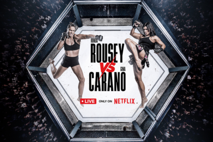 Ronda Rousey and Gina Carano facing off in a promotional poster for their inaugural Netflix live MMA streaming event.