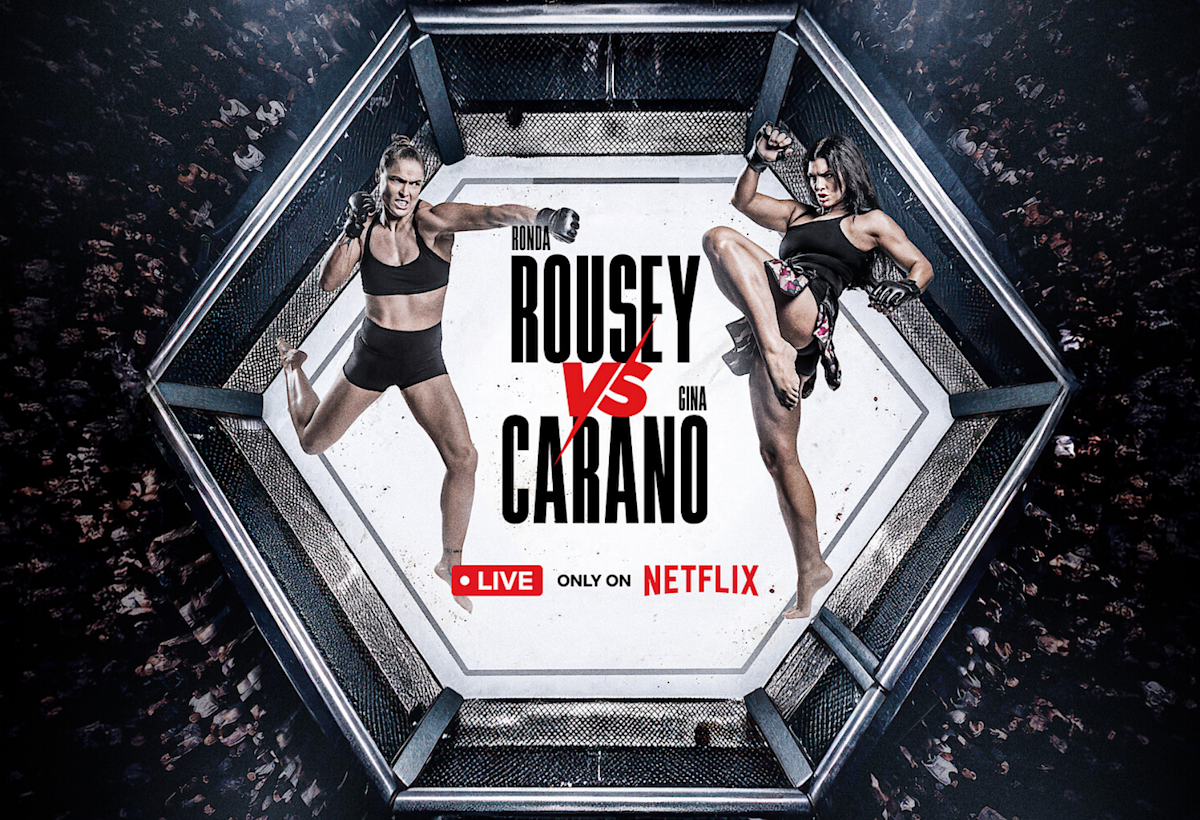 Ronda Rousey and Gina Carano facing off in a promotional poster for their inaugural Netflix live MMA streaming event.