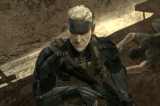 Detailed close-up of Old Snake from Metal Gear Solid 4 featuring remastered high-definition textures and cinematic lighting in a war-torn urban environment.
