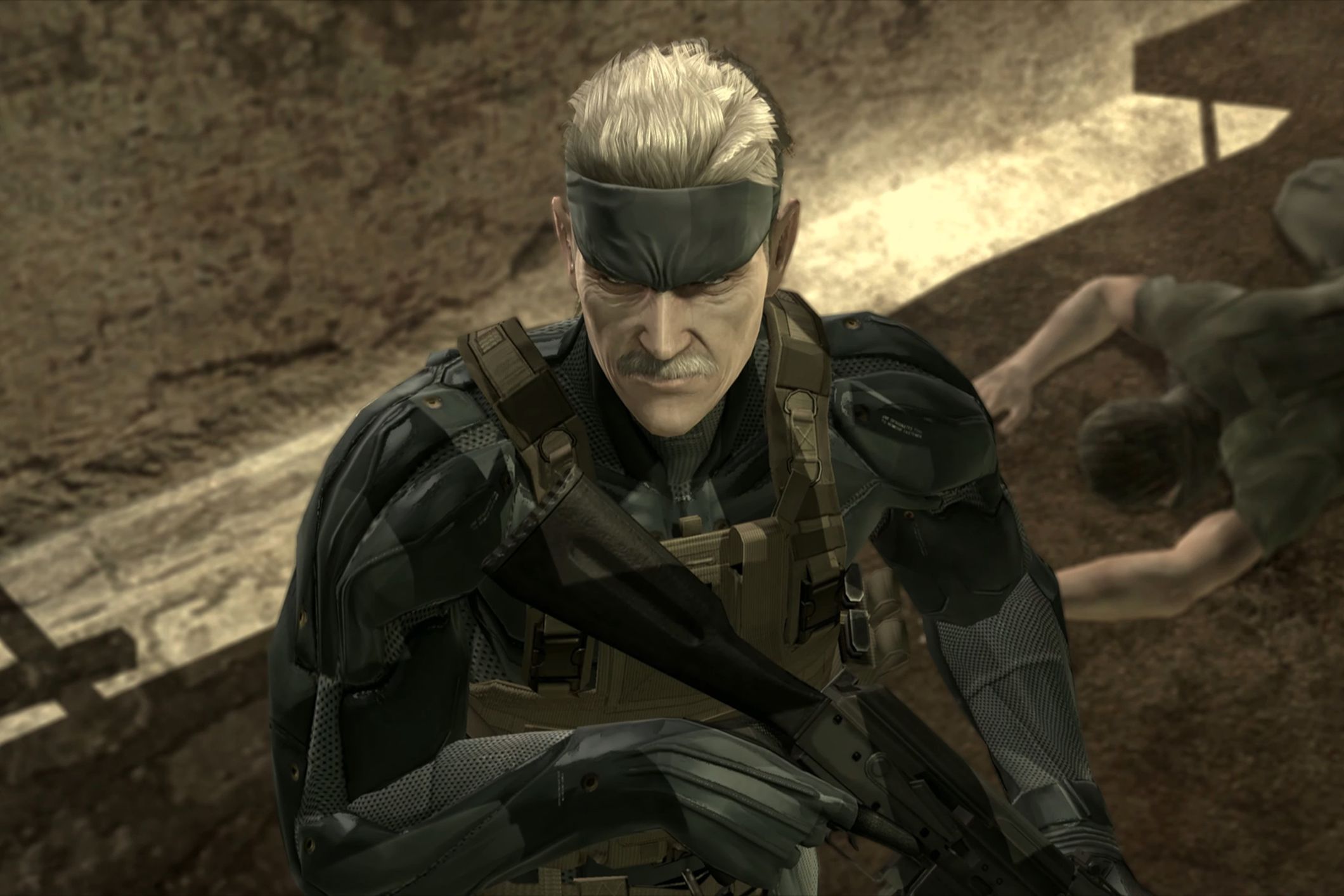 Detailed close-up of Old Snake from Metal Gear Solid 4 featuring remastered high-definition textures and cinematic lighting in a war-torn urban environment.