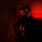 An artistic rendering of a T-800 endoskeleton silhouette against a neon-soaked Tokyo skyline, illustrating the Terminator Zero cancellation news.