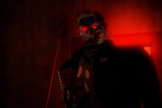 An artistic rendering of a T-800 endoskeleton silhouette against a neon-soaked Tokyo skyline, illustrating the Terminator Zero cancellation news.