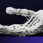 Detailed view of an industrial robotic skeleton undergoing Allonic’s signature 3D tissue braiding process inside a Budapest-based manufacturing laboratory.