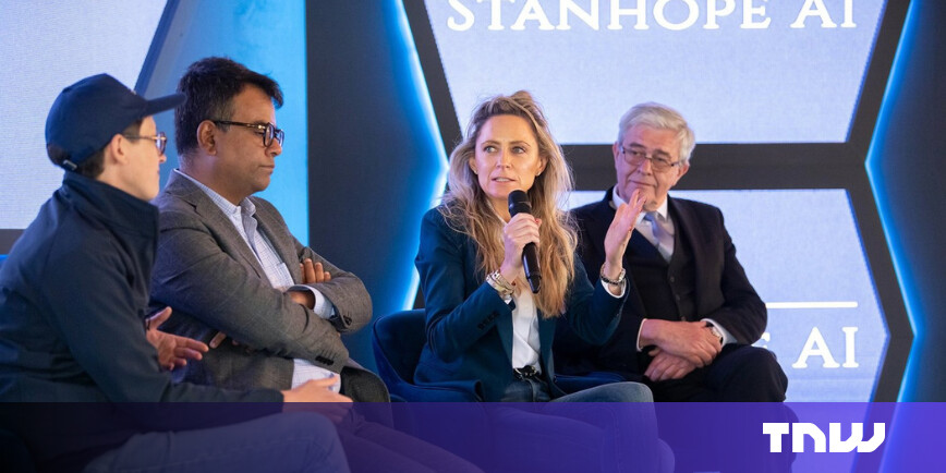 A sleek autonomous drone navigating a complex, dimly lit industrial warehouse, showcasing Stanhope AI's adaptive real-time navigation technology.