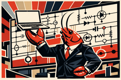 Close-up of a digital robotic hand typing on a laptop keyboard