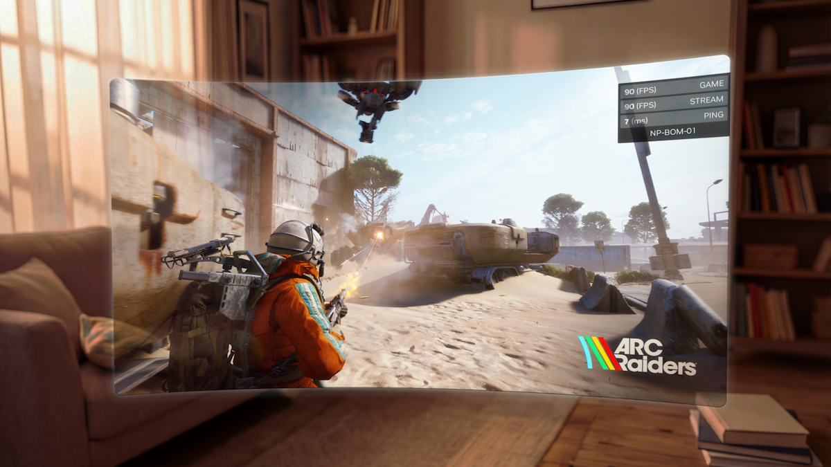 A person wearing a Meta Quest 3 headset experiencing smooth 90fps GeForce Now VR cloud gaming with ray tracing.